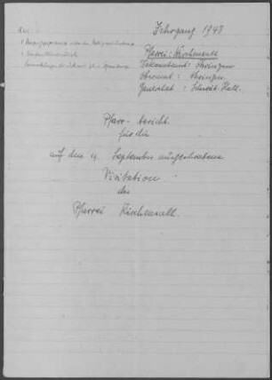 Kirchensall mit Mangoldsall und Neureut sowie Kesselhof, Waldsall und Orbachshof: Pfarrbericht 1948