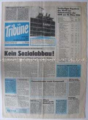 Tageszeitung des FDGB "Tribüne" u.a. mit dem Ergebnis der Volkskammerwahl