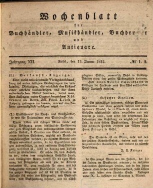 Wochenblatt für Buchhändler, Musikhändler, Buchdrucker und Antiquare. 12. 1832