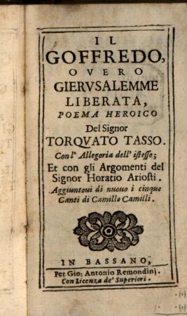 Il Goffredo overo Gierusalemme liberata : poema heroico