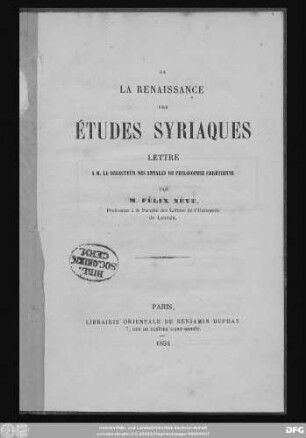 De la renaissance des études syriaques : Lettre à M. le dicreteur des Annaler de philosophie chrétienne