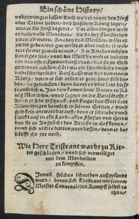Wie Herr Tristrant warde zu Ritter geschlagen/ unnd sich verwilliget mit dem Morholden zu kempffen.