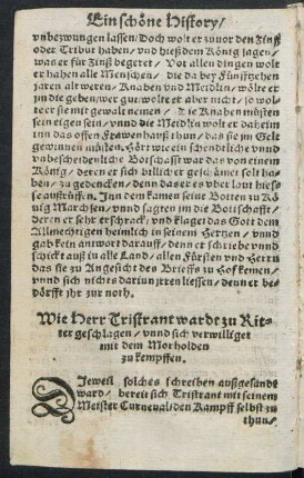Wie Herr Tristrant warde zu Ritter geschlagen/ unnd sich verwilliget mit dem Morholden zu kempffen.