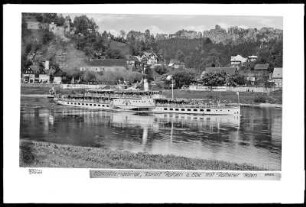 Sächsische Schweiz, Kurort Rathen an der Elbe, mit Burgruine Altrathen, Rathener Felsen und Elbdampfer Dresden