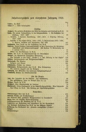 Inhaltsverzeichnis zum vierzehnten Jahrgang 1921