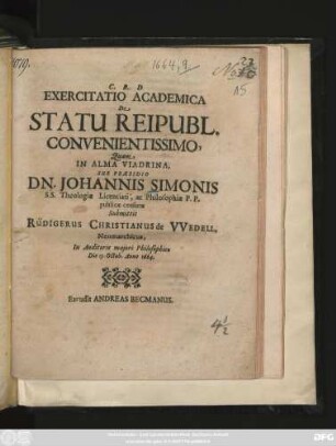Exercitatio Academica De Statu Reipubl. Convenientissimo