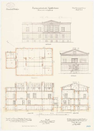 Kadettenhaus der Garnison Potsdam Ergänzungsbauten: Kommandantenwohnhaus: Grundriss Dachgeschoss, Aufriss Ostansicht, Südansicht, Längsschnitt, Querschnitt 1:100