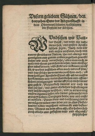 Unsern geliebten Sühnen/ den dreyzehen Orter der Aidgnoschafft in dem Oberdeutschlandt/ beschützern der freyheit der Kirchen.