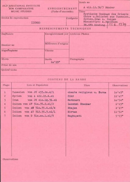 39th SFB programme Mystical Songs of the Orient; choirs and soloists from Tunisia, Syria, Iran and India, (Manuscript: Alain Daniélou)