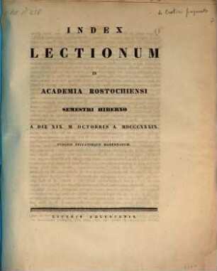 Index lectionum in Academia Rostochiensi ... publice privatimque habendarum, WS 1839/40