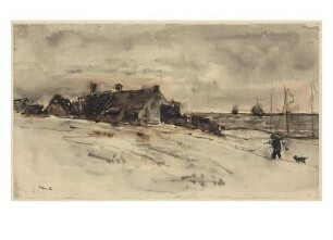 Fischerhäuser am Meer, Segelboote, Fischer mit Hund (Katwijk)