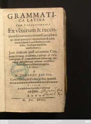 Grammatica Latina Cum Paralipomenis