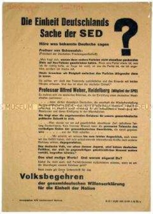 Propagandaflugblatt der KPD Hamburg für das von der SED initiierte Volksbegehren für Einheit und gerechten Frieden