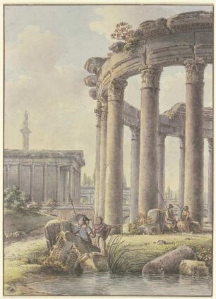 Architektonisches Capriccio: Ruinen eines Rundtempels, im Hintergrund die Trajansäule