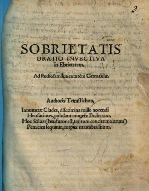 Sobrietatis oratio invectiva in Ebrietatem : ad studiosam iuventutem Germaniae ...
