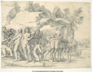 Diana mit ihren Frauen zur Jagd aufbrechend, vor einer Felswand. Rechts hinten ein Zeltlager