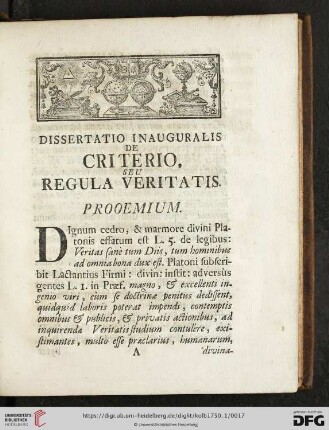 Dissertatio inauguralis de criterio, seu regula Veritatis
