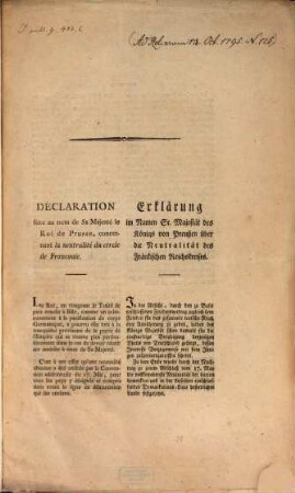 Declaration faite au nom de S. M. le Roi de Prusse, concernant la neutralité du cercle de Franconie