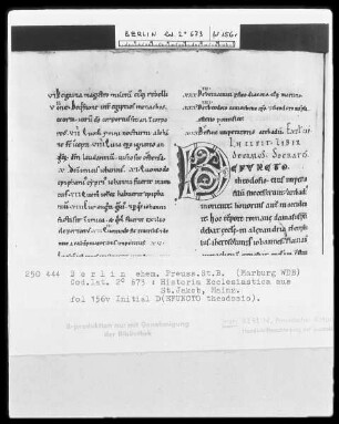 Cassiodor, Historia Ecclesiastica — Initiale D(EFUNCTO theodosio), Folio 156verso