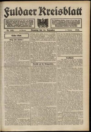 Erste Ausgabe vom Dienstag, den 24. Dezember 1912.
