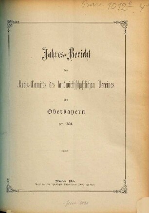 Jahresbericht des Landwirthschaftlichen Kreis-Ausschusses von Oberbayern pro .... 1894 (1895)