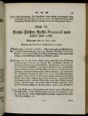 Num. VI. Reichs-Fürsten-Raths-Protocoll 28sten Julii 1766.