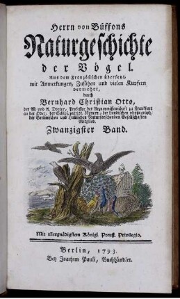 Bd. 20: Herrn von Büffons Naturgeschichte der Vögel. Zwanzigster Band