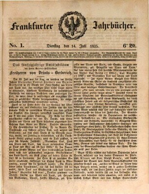 Frankfurter Jahrbücher : eine Zeitschr. für d. Erörterung hiesiger öffentl. Angelegenheiten, 6. 1835