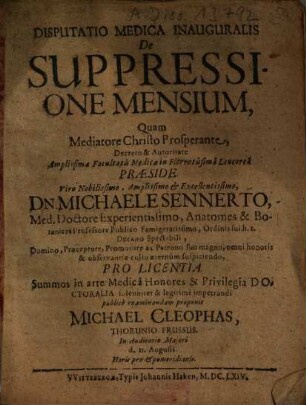 Disputatio Medica Inauguralis De Suppressione Mensium