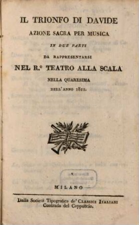 Il trionfo di Davide : Azione sacra per musica in 2 parti