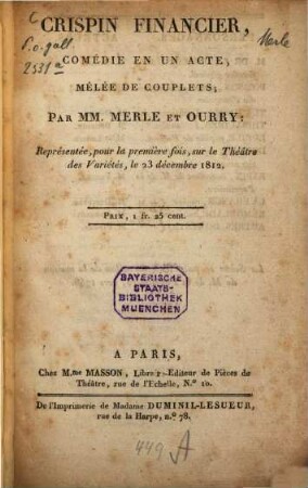 Crispin financier : comédie en un acte mêlée de couplets