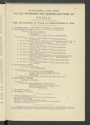 Contents And Key To The Divisions And Administrations Of India