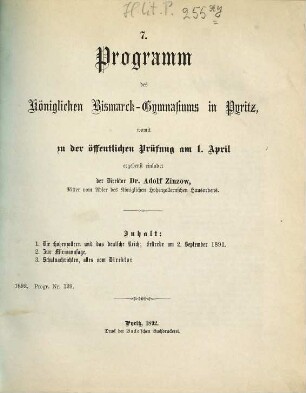 Programm des Königlichen Bismarck-Gymnasiums zu Pyritz : Ostern .... 1891/92