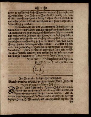 Im Namen der heiligen DreyEinigkeit! Bericht von des tödtlich verwundeten Herrn Johann Jacob Schmidts seligem Abschiede.