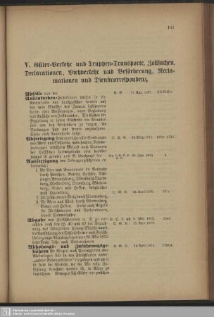 V. Güter-Verkehr und Tuppen-Transporte, Zollsachen, Declarationen, Viehverkehr und Beförderung, Reclamationen und Dienstcorrespondenz
