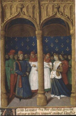Grandes Chroniques de France — Die Königin Johanna von Evreux vor versammelten Baronen und Edelleuten nach dem Tod Karls IV. dem Schönen, Folio 342 verso