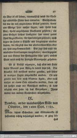 IX. Bombay, an der malabarischen Küste von Ostindien, den 12ten Sept. 1782
