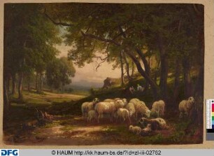 Waldlichtung mit einer Schafherde und zwei Bäuerinnen im Hintergrund