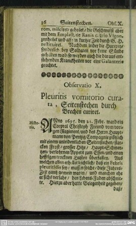 Observatio X. Pleuritis vomitorio curata, Seitenstechen durch Brechen curiret
