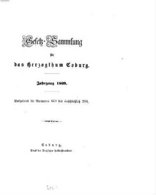 Gesetz-Sammlung für das Herzogtum Coburg. 1869 = Nr. 669 - 700
