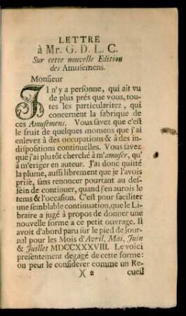 Lettre à Mr. G. D. L. C. Sur cette nouvelle Edition des Amusemens