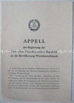 Flugschrift mit dem Wortlaut eines Appells der Regierung der DDR an die Bevölkerung der Bundesrepublik mit scharfer Polemik gegen die Politik der Bundesregierung