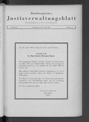 Todesanzeige. Senator a.D. Dr. Hans Harder Biermann-Ratjen