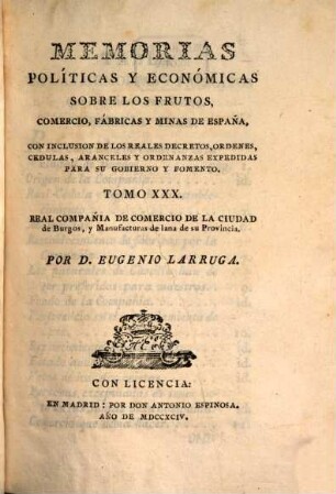 Memorias Políticas Y Económicas Sobre Los Frutos, Comercio, Fabricas Y Minas De España : Con Inclusion De Los Reales Decretos, Órdenes, Cédulas ..., 30. Real Compañia De Comercio De La Ciudad de Burgos, y Manufacturas de lana de su Provincia