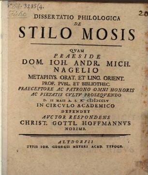 Dissertatio Philologica De Stilo Mosis
