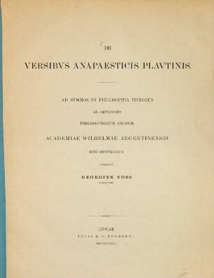 De versibus anapaesticis Plautinis : pars prior (Strassburger Doctordiss.)