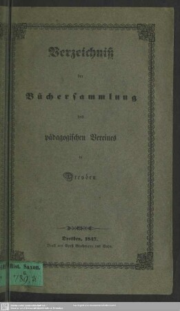 Verzeichnis der Büchersammlung des Pädagogischen Vereins in Dresden