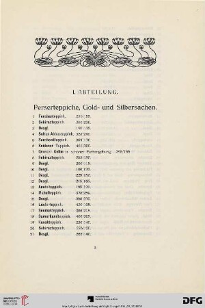I. Abteilung. Perserteppiche, Gold- und Silbersachen (Nr. 1-109a)