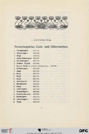 I. Abteilung. Perserteppiche, Gold- und Silbersachen (Nr. 1-109a)