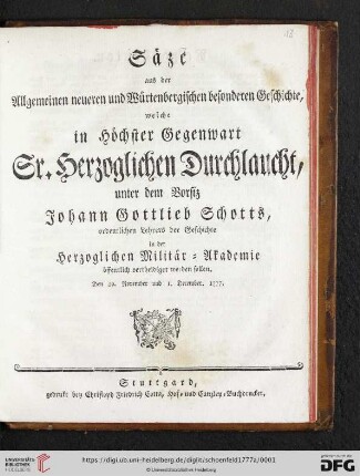 Säze aus der Allgemeinen neueren und Würtenbergischen besonderen Geschichte